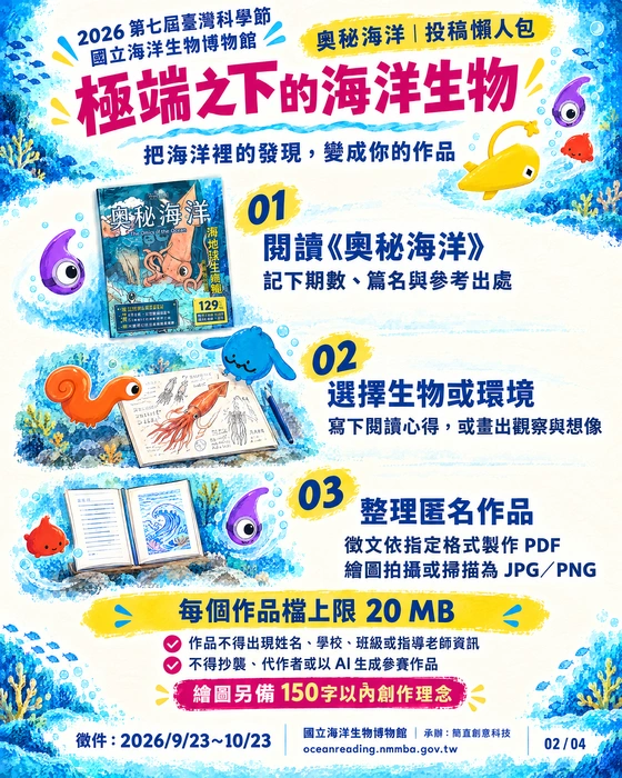 先閱讀，再創作。閱讀《奧秘海洋》，記錄期數、篇名與出處，再依辦法創作。作品匿名，每份檔案上限 20 MB；繪圖另備 150 字以內創作理念。