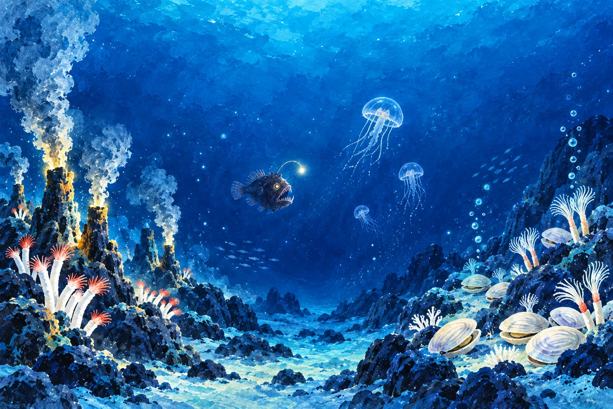 手繪深海場景：左側熱泉、中間黑暗水域、右側冷泉海床
